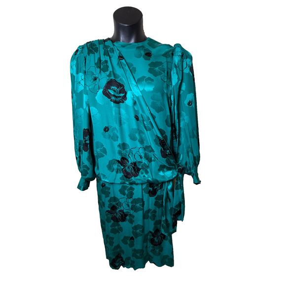 Silk Teal Green Drape Tie Floral Dress Vtg 80's Francesca Damon Starington Sz 8 - Picture 1 of 9